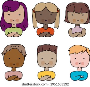 Set of drawing cartoon beautiful kid's and childrens, beautiful boys and girls international. Different races and skin colors. Vector. Isolated from the background