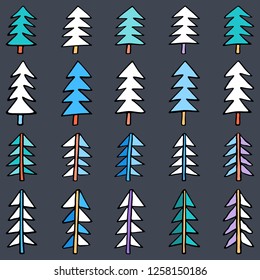 Set of drawing of a christmas tree, spruce or fir drawn by hand. Easy and quick sketching or technique imitating children's drawing. Design graphic element is saved as a vector illustration