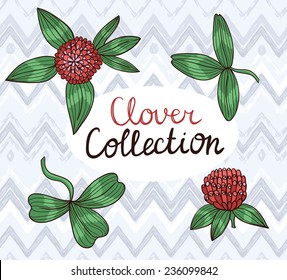 Set of drawing clover leaves and flowers, hand drawn vector illustration 