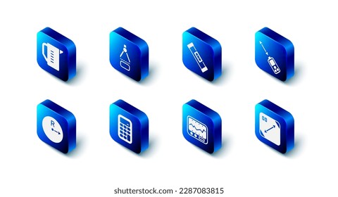 Set Drawing compass, Construction bubble level, Laser distance measurer, Diagonal measuring, Measuring instrument, Calculator, Radius and cup icon. Vector