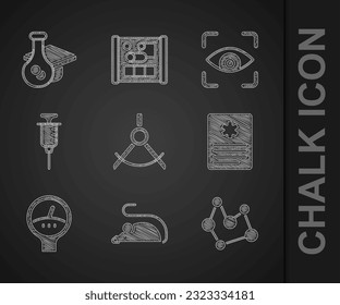 Set Drawing compass, Experimental mouse, Chemical formula, Patient record, Gauge scale, Syringe, Eye scan and Graduation cap icon. Vector