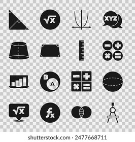 Set Drawing compass, Geometric figure Sphere, Calculator, Graph, schedule, chart, diagram, Acute trapezoid shape, Angle bisector of triangle and Ruler icon. Vector