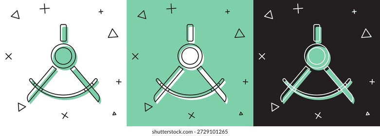 Icono de la brújula del dibujo aislado en el fondo blanco y verde, negro. Signo de brújulas. Herramientas de dibujo y educativas. Instrumento geométrico.  Vector