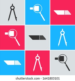 Set Drawing compass, Magnifying glass and Eraser or rubber icon. Vector