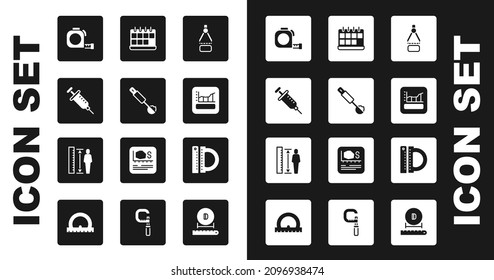 Set Drawing compass, Measuring spoon, Syringe, Roulette construction, Graph, schedule, chart, diagram, Calendar, Protractor and ruler and height body icon. Vector