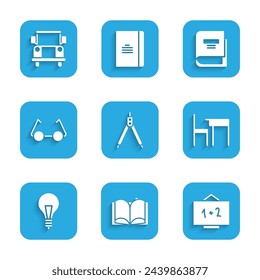 Set Drawing compass, Open book, Chalkboard, School table and chair, Light bulb with concept of idea, Glasses, Book and Bus icon. Vector