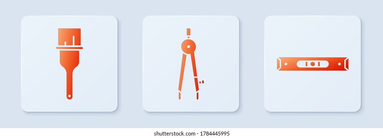 Establecer la brújula de dibujo, pincel de pintura y nivel de burbuja de construcción. Botón cuadrado blanco. Vector