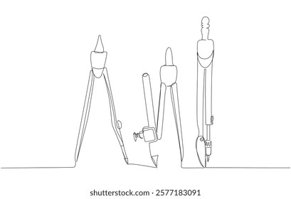 Set of drawing compass with pencil one line art. Continuous line drawing of online learning, school supplies, stationery storage, exam, office supplies, education.