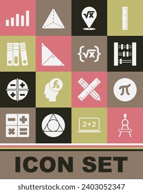 Set Drawing compass, Pi symbol, Abacus, Square root of x glyph, Angle bisector triangle, Office folders, Graph, schedule, chart, diagram and  icon. Vector