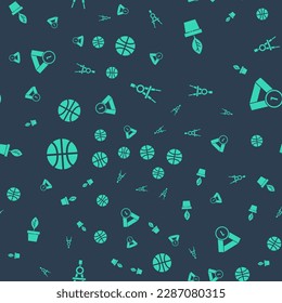 Ponga la brújula de dibujo, la olla de planta, el baloncesto y la medalla en un patrón ininterrumpido. Vector