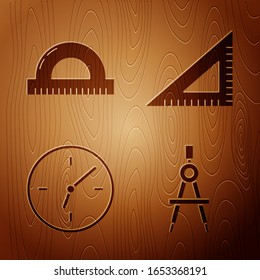 Set Drawing compass, Protractor grid for measuring degrees, Clock and Triangular ruler on wooden background. Vector