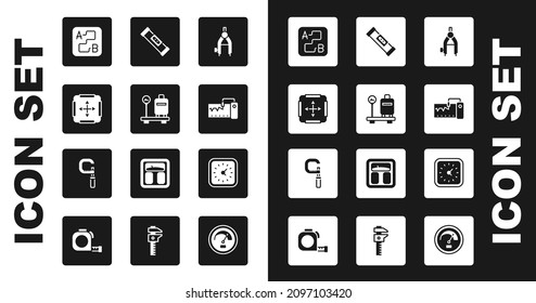 Set Drawing compass, Scale with suitcase, Area measurement, Route location, Measuring instrument, Construction bubble level, Clock and Micrometer icon. Vector