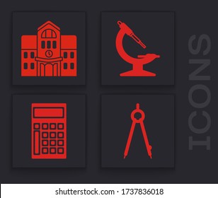 Establezca la brújula de dibujo, la construcción de escuela, el microscopio y el icono de la calculadora. Vector