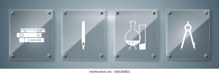 Set Drawing compass, Test tube and flask chemical laboratory test, Pen and Office folders with papers and documents. Square glass panels. Vector