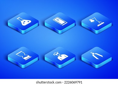 Set Drawing compass, Test tube, Graduate and graduation cap, Old hourglass, Locker or changing room and Table lamp icon. Vector