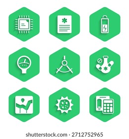 Definir bússola de desenho, vírus, calculadora, pílula de medicina, gráfico infográfico, Escala de calibre, bateria e processador ícone CPU. Vetor
