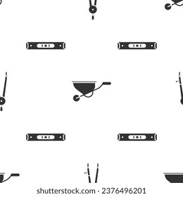 Set Drawing compass, Wheelbarrow and Construction bubble level on seamless pattern. Vector