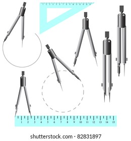 Set of drawing compasses, callipers, triangle and ruler. Vector illustration.