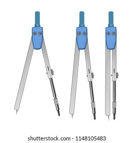 Set of Drawing compasses for draftsmanship, Geometric measuring tool, for teaching descriptive geometry and drawing of circles and roundings for draftsmen. Vector illustration