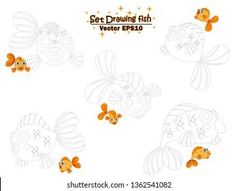 Set Drawing the cute cartoon goldfish and color. educational game for kids. Vector illustration