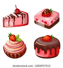 Set of drawing different cakes with berries on top.