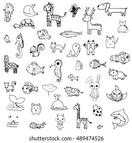 set of drawing doodle of cute animal in black line on a white background