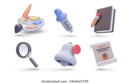 Set of drawing elements eyadropper, book, diploma, bell, magnifying, brush in 3d realistic style. Vector illustration