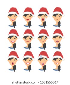 Set of drawing emotional asian character with Christmas hat. Cartoon style emotion icon. Flat illustration girl avatar with different facial expressions. Hand drawn vector emoticon women faces
