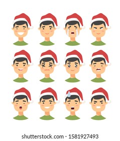 Set of drawing emotional asian character with Christmas hat. Cartoon style emotion icon. Flat illustration boy avatar with different facial expressions. Hand drawn vector emoticon man faces