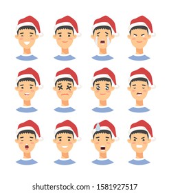 Set of drawing emotional asian character with Christmas hat. Cartoon style emotion icon. Flat illustration boy avatar with different facial expressions. Hand drawn vector emoticon man faces