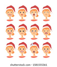 Set of drawing emotional caucasian character with Christmas hat. Cartoon style emotion icon. Flat illustration girl avatar with different facial expressions. Hand drawn vector emoticon women faces