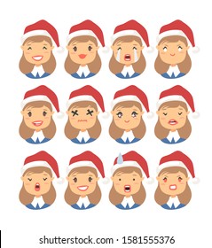Set of drawing emotional caucasian character with Christmas hat. Cartoon style emotion icon. Flat illustration girl avatar with different facial expressions. Hand drawn vector emoticon women faces