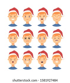 Set of drawing emotional caucasian character with Christmas hat. Cartoon style emotion icon. Flat illustration boy avatar with different facial expressions. Hand drawn vector emoticon man faces