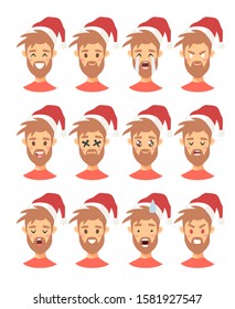 Set of drawing emotional caucasian character with Christmas hat. Cartoon style emotion icon. Flat illustration boy avatar with different facial expressions. Hand drawn vector emoticon man faces