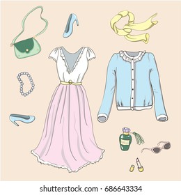 Set of drawing female clothes in vector on pink background