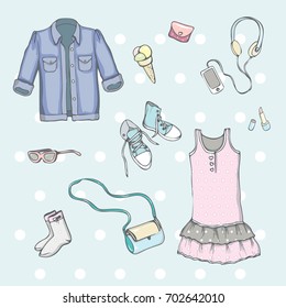 Set of drawing female clothes in vector on blue background