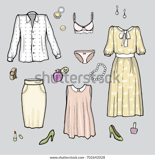 Set Drawing Female Clothes Vector Stock Vector Royalty Free 702642028