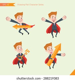 Set of drawing flat character style, business concept  young office worker  activities - rising, hero, solve problem, master key