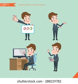 Set of drawing flat character style, business concept  young office worker  activities - presentation,  ok sign, troubleshooter