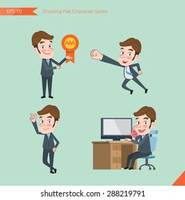 Set of drawing flat character style, business concept  young office worker  activities - victory award, flying, good, calling