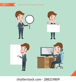 Set of drawing flat character style, business concept young office worker activities - banner, whiteboard, computing, telemarketing, introduction