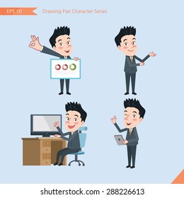 Set of drawing flat character style, business concept  handsome office worker  activities - presentation,  ok sign, troubleshooter