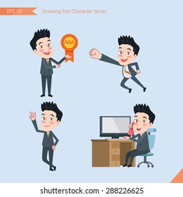 Set of drawing flat character style, business concept  handsome office worker  activities - victory award, flying, good, calling
