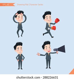 Set of drawing flat character style, business concept handsome office worker activities - Disappointment, notice, boxing, confidence, Competition