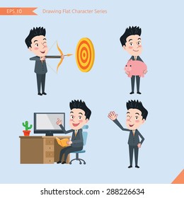 Set of drawing flat character style, business concept  handsome office worker  activities - hit, piggy bank, Consulting, farewell