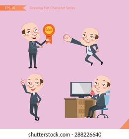 Set of drawing flat character style, business concept bald boss activities - victory award, flying, good, calling