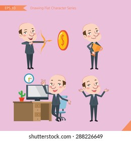 Set of drawing flat character style, business concept bald boss activities - victory, hit, no problem, management, start
