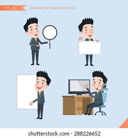 Set of drawing flat character style, business concept handsome office worker activities - banner, whiteboard, computing, telemarketing, introduction