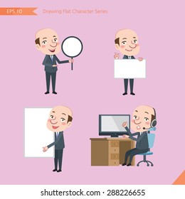 Set of drawing flat character style, business concept bald boss activities - banner, whiteboard, computing, telemarketing, introduction