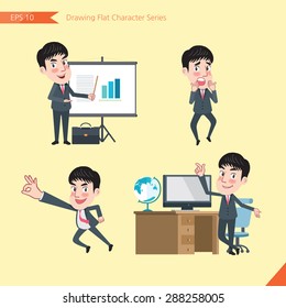 Set of drawing flat character style, business concept  handsome office worker  activities - presentation, Surprised, ok sign, troubleshooter
